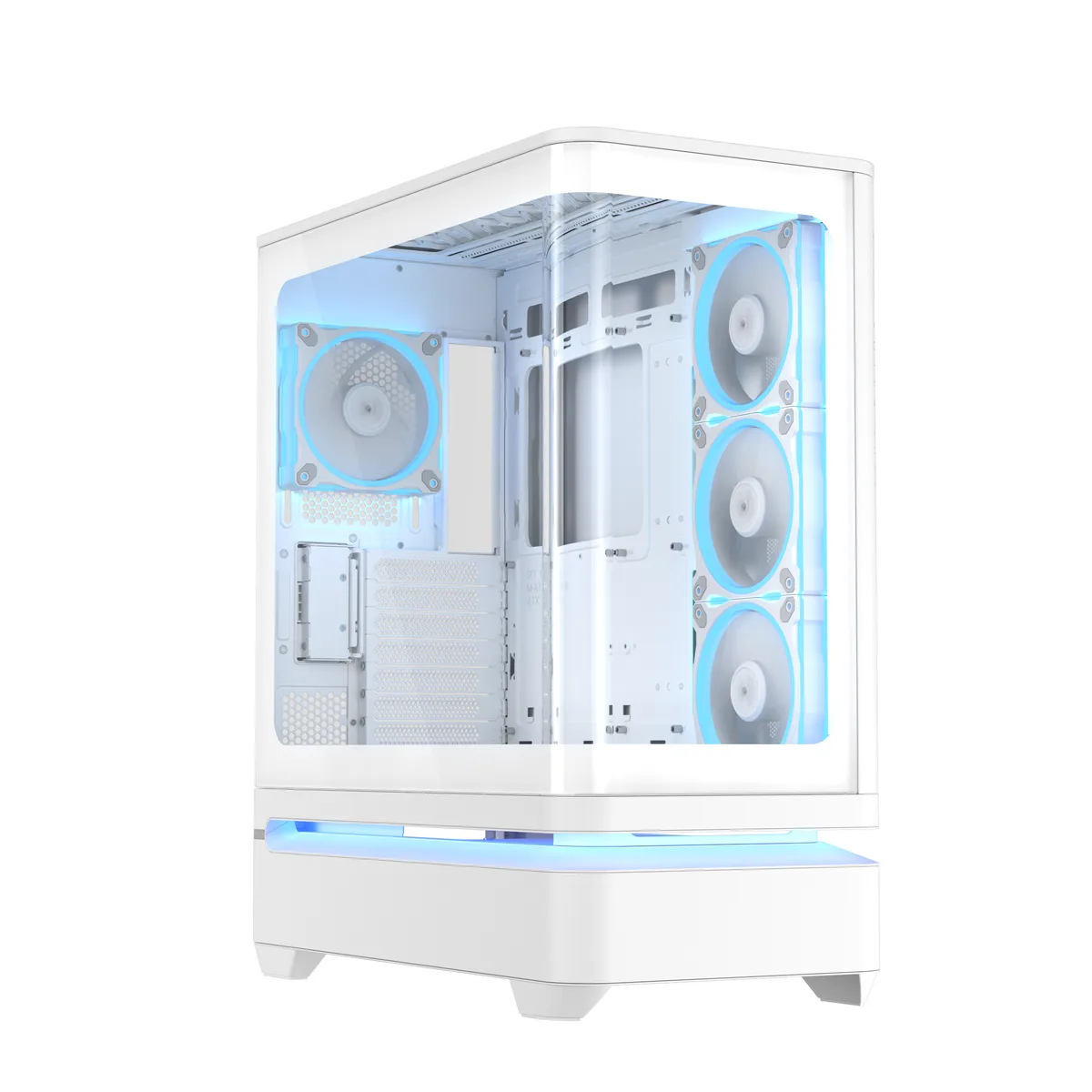 White ATX case with curved tempered glass front-to-side panel and four ARGB fans