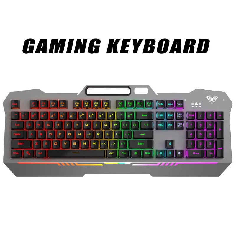 Black full-size wired gaming keyboard with rainbow backlighting and integrated phone holder