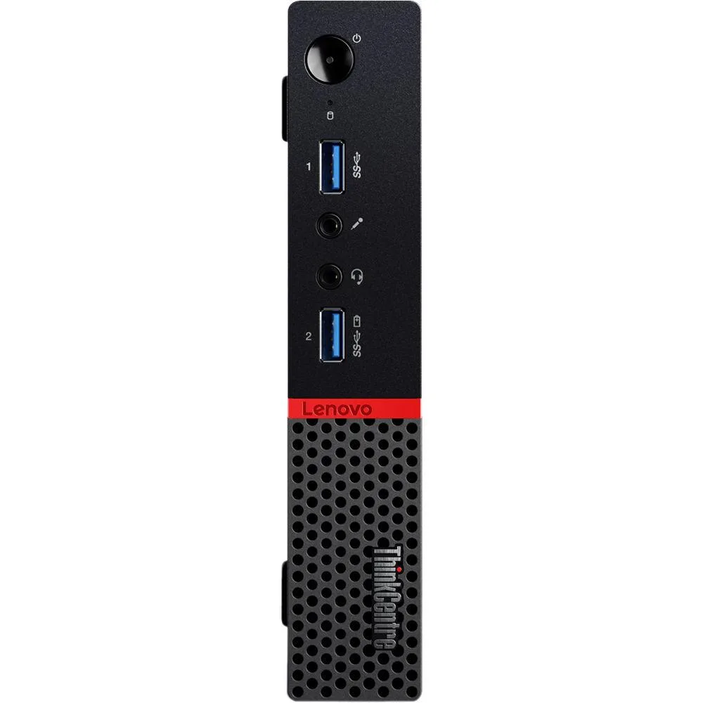 Small black Lenovo ThinkCentre M900 Tiny desktop, compact square chassis, matte finish, front USB ports and power button visible