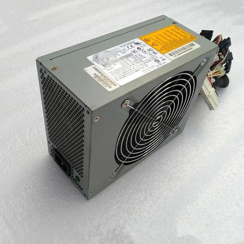 Rectangular ATX power supply unit in matte black finish with visible cooling fan grille