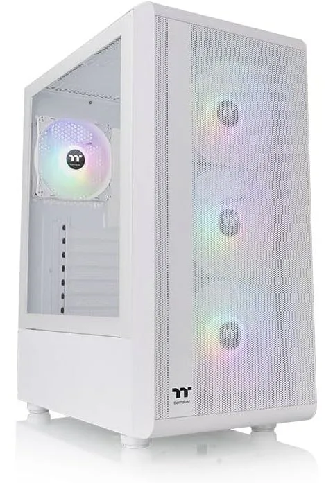 White mid tower case with mesh front panel, tempered glass side panel, and three pre-installed ARGB fans