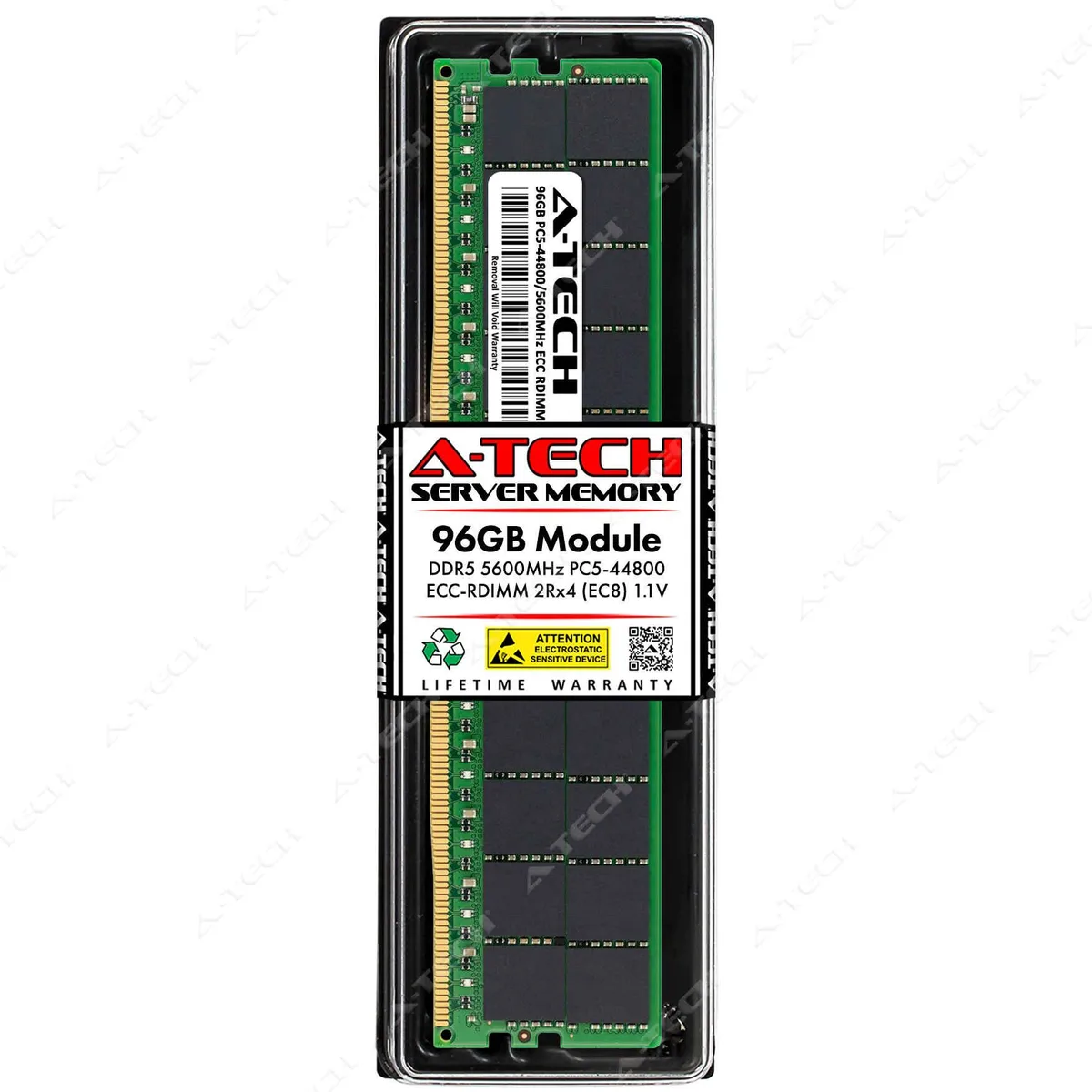 Green rectangular DDR5 server memory module with gold edge connectors and black DRAM chips, no heat spreader