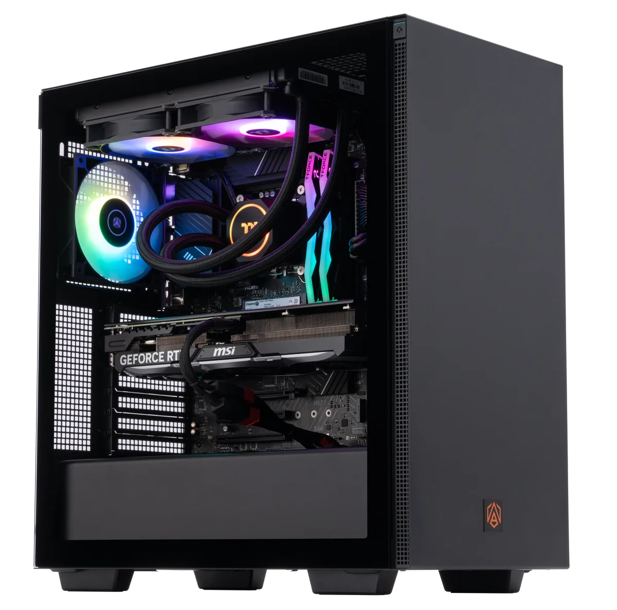 Black micro-tower desktop with RGB liquid cooler visible through side panel