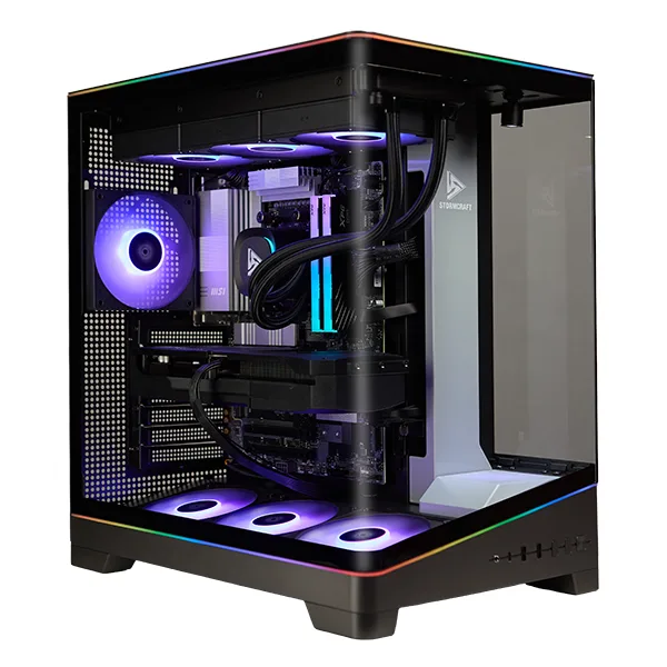 Black mid-tower gaming desktop with 360mm AIO liquid cooling visible through glass side panel