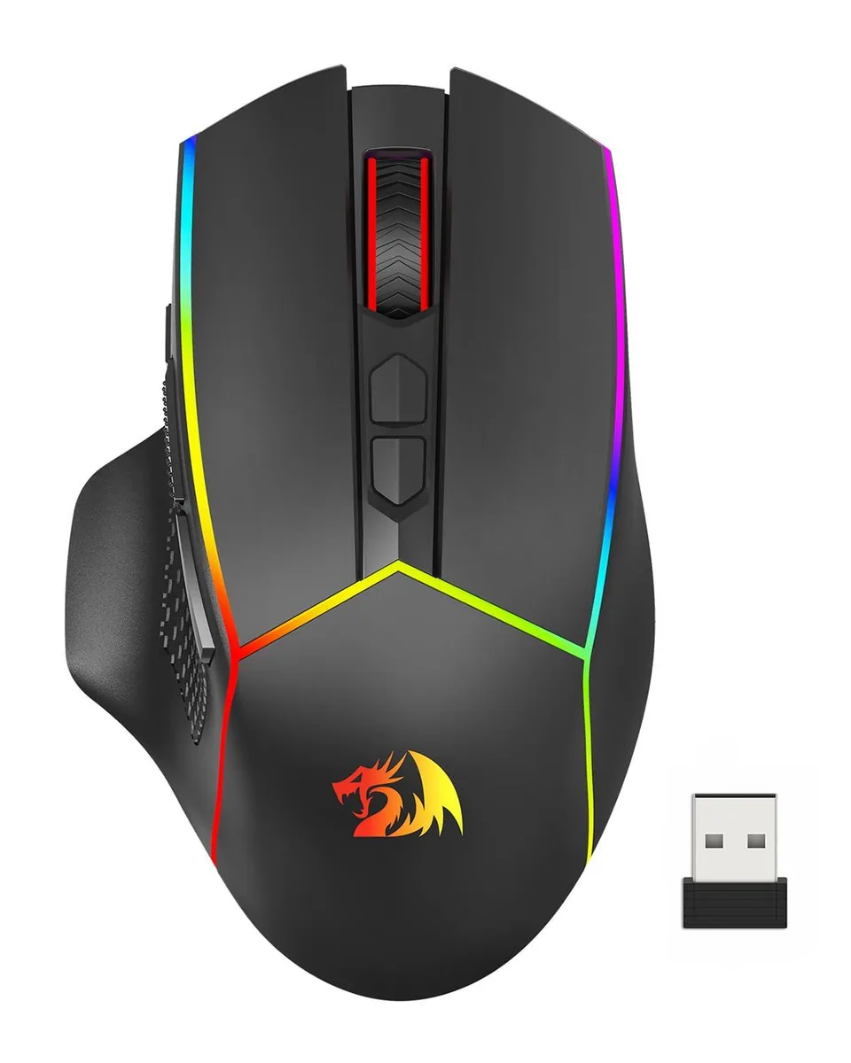Black right-handed gaming mouse with contoured shape, textured side grips, multiple thumb buttons and RGB lighting