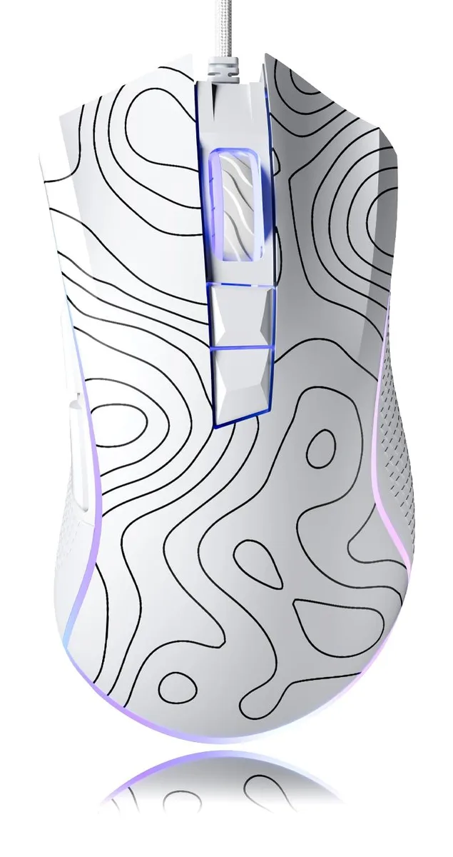 Wired gaming mouse with topographic pattern finish, right-handed ergonomic shape, seven buttons and RGB lighting