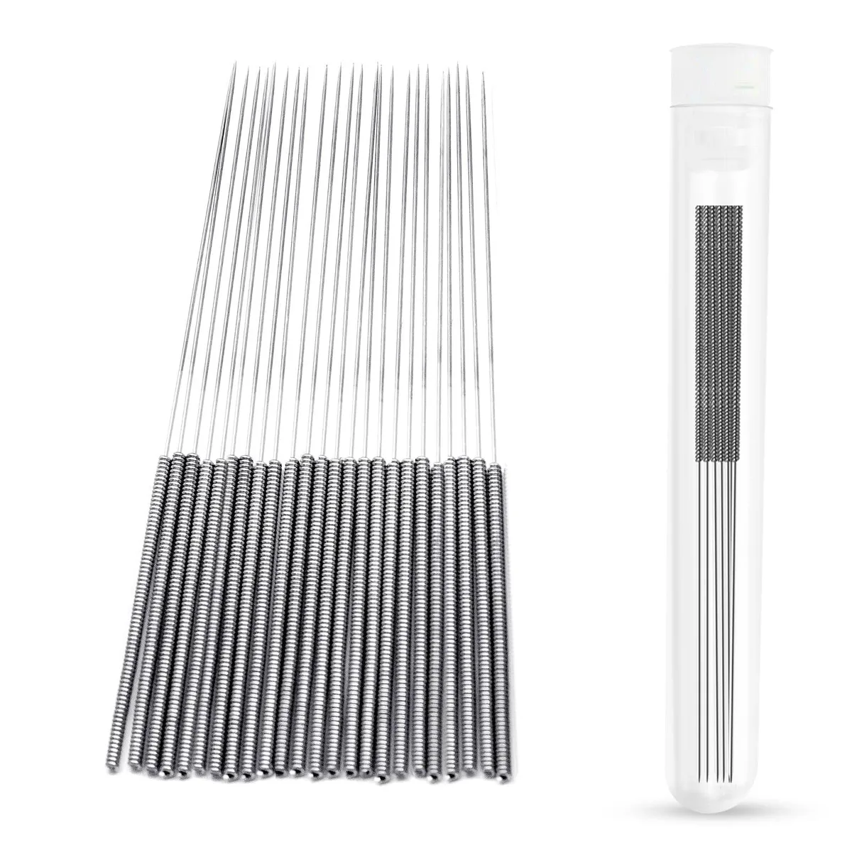 Twenty stainless steel cleaning needles 0.4 mm diameter 70 mm long with 30 mm handles