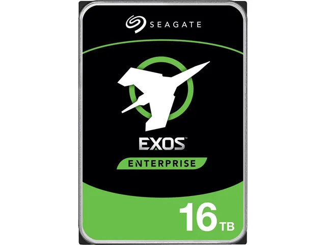 Silver 3.5-inch enterprise hard drive with exposed circuit board and label showing 16TB capacity