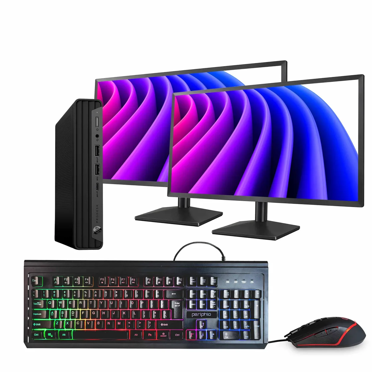Black HP ProDesk 600 G6 Mini PC with dual 24-inch monitors, keyboard and mouse
