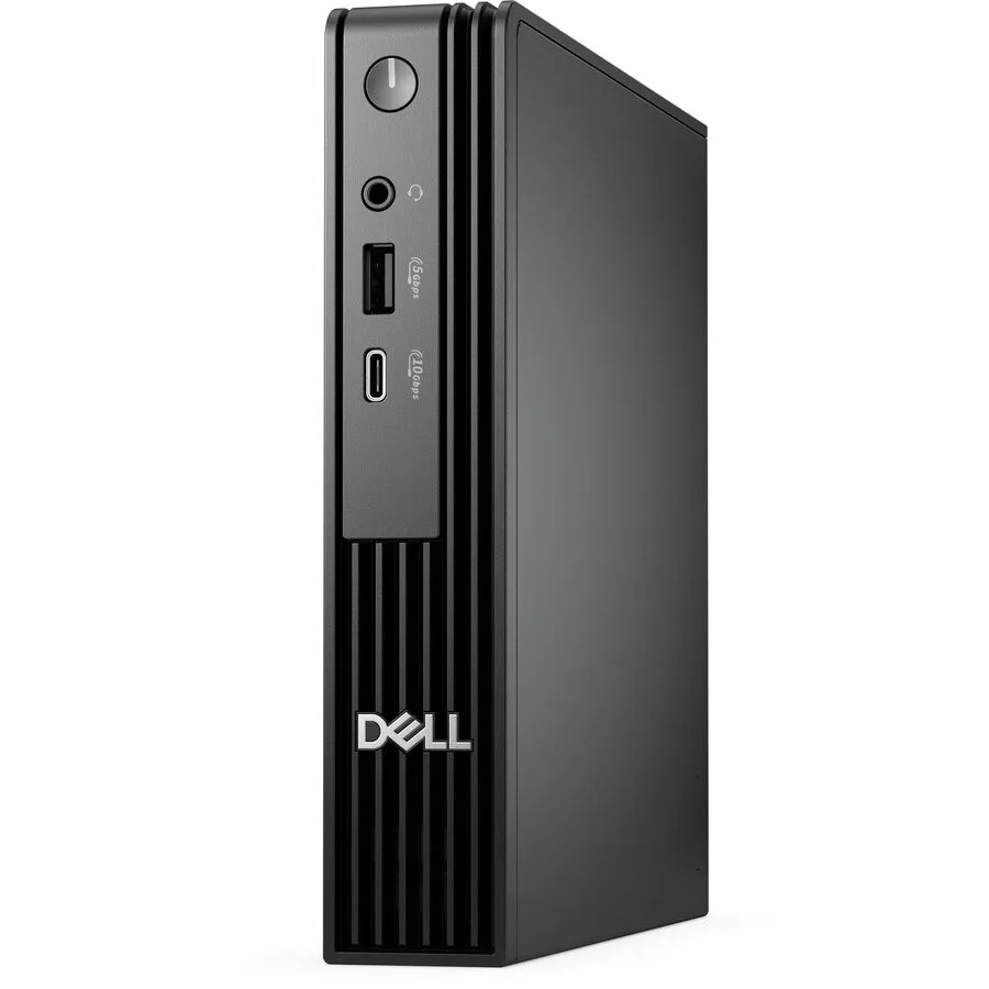 Compact silver micro tower with thin profile and Dell badge