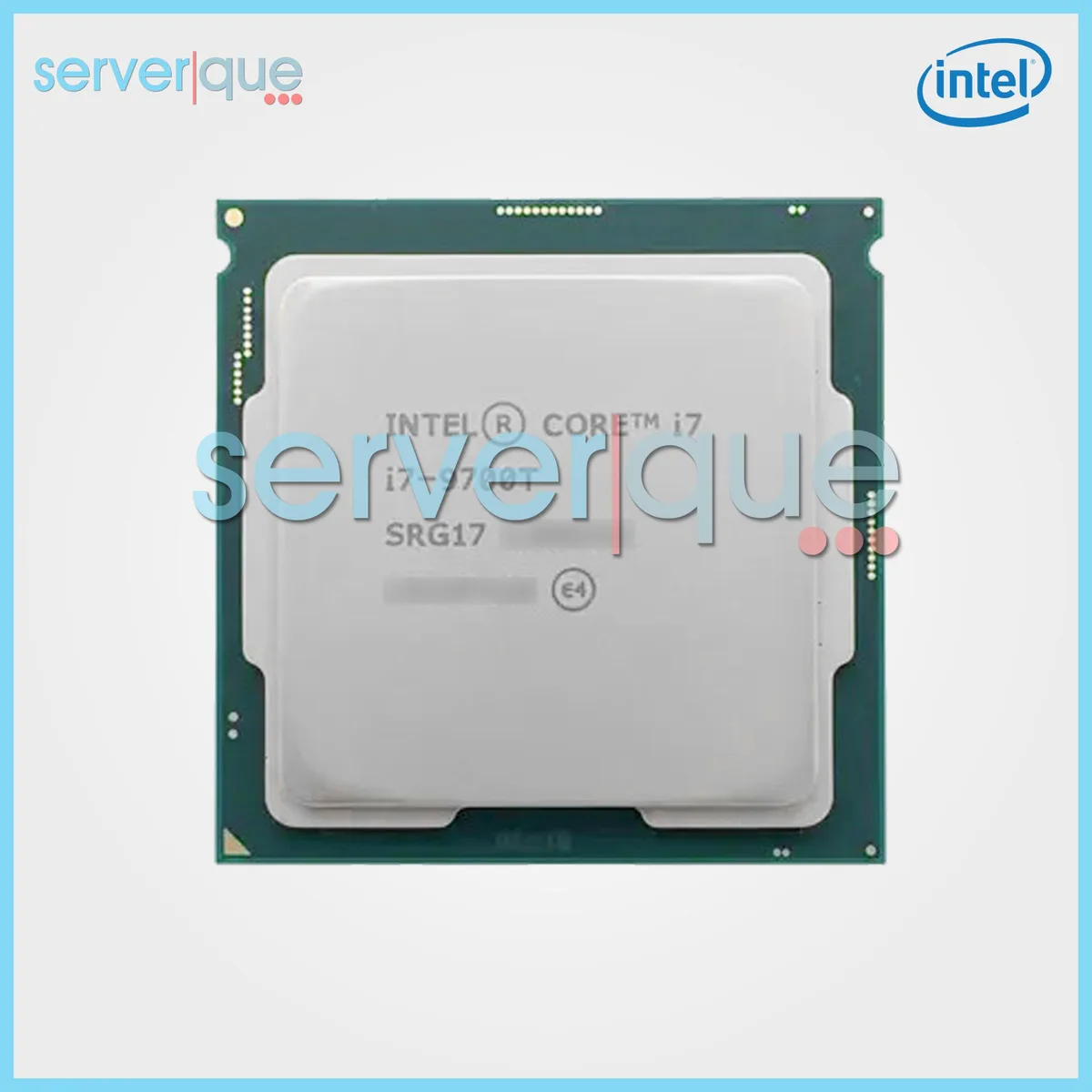Square green printed circuit board with gold contact pads and silver metal heat spreader marked i7-9700T