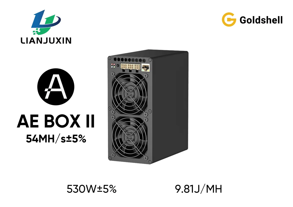 Compact rectangular miner in dark metal finish with dual 6-pin power ports and front ventilation grilles