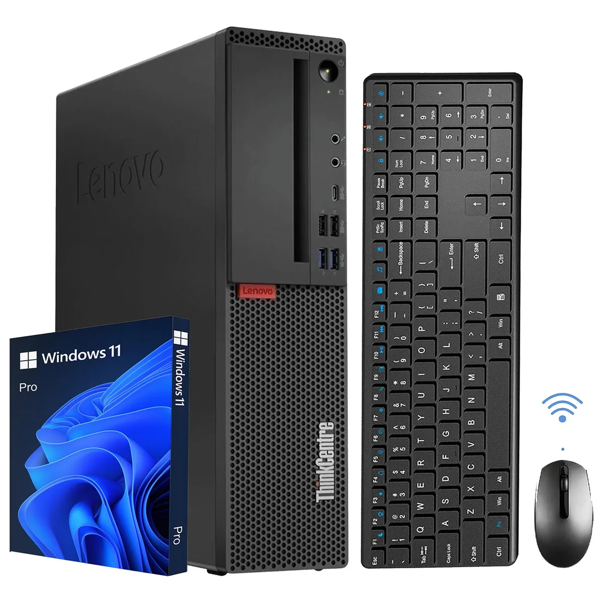 Black Lenovo ThinkCentre M720s small form factor desktop with wireless keyboard and mouse