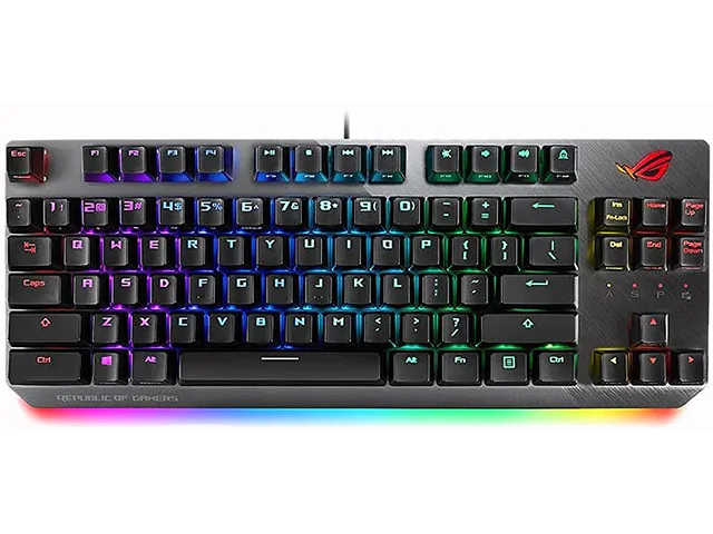 Compact black tenkeyless mechanical keyboard with per-key RGB lighting and aluminium top plate