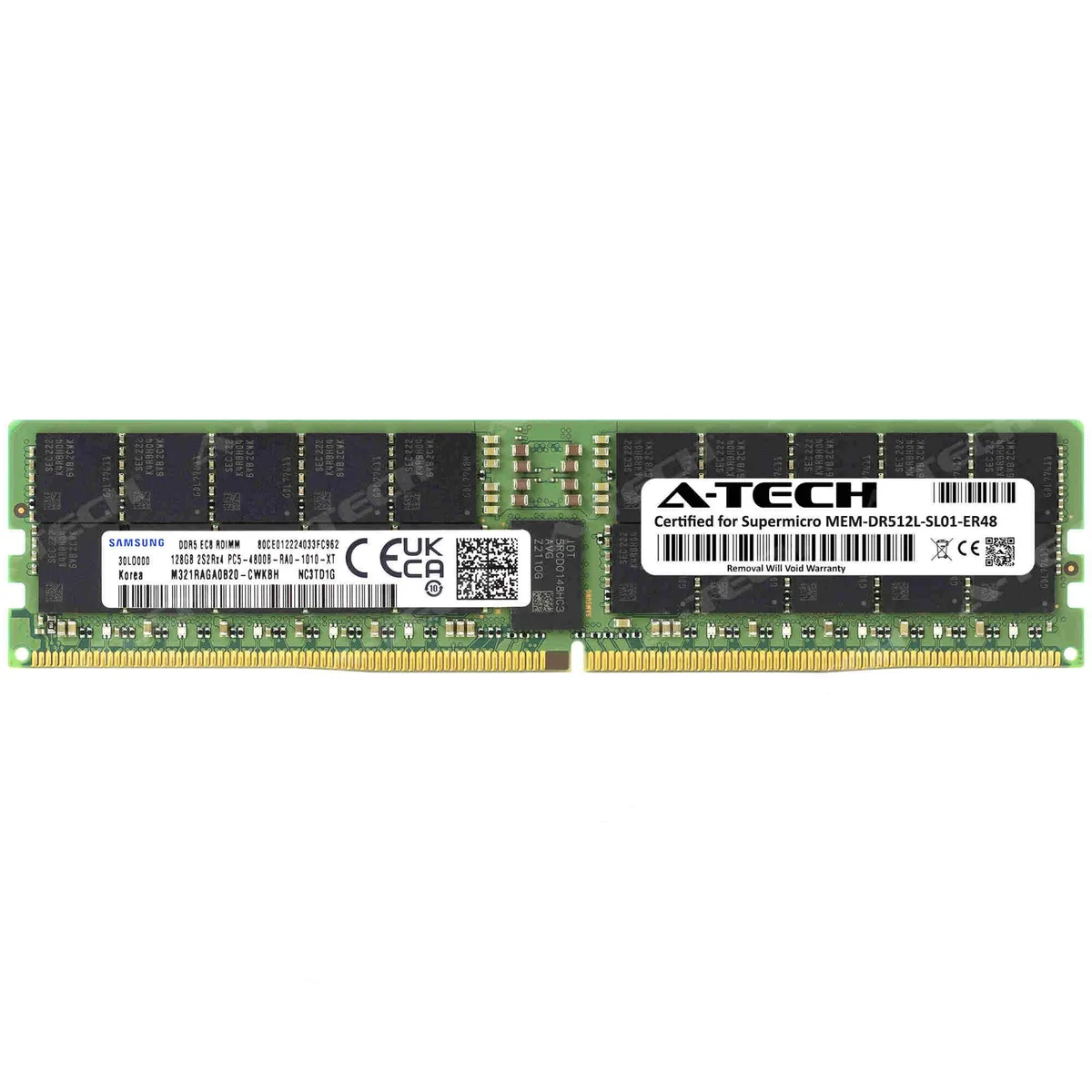 Green DDR5 RDIMM module with black chips and gold contacts