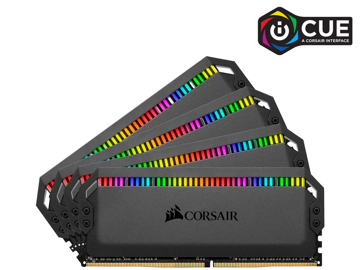 Four black anodized aluminium DDR4 sticks with RGB LEDs
