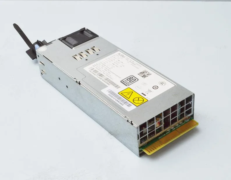Silver rectangular server PSU with rear fan grille and power socket