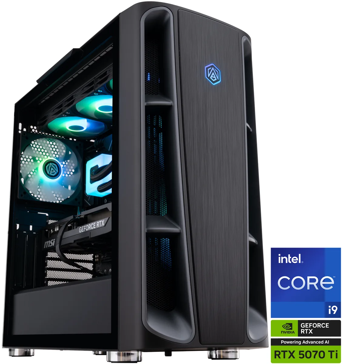Black ATX mid-tower with tempered glass side panel and ARGB liquid cooler visible inside