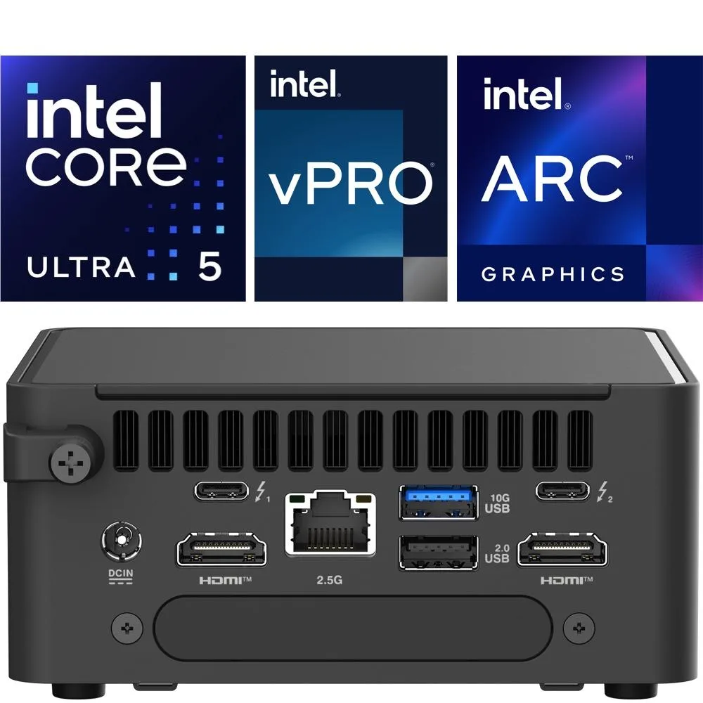 Black tall mini PC barebone with front USB-C and Type-A ports