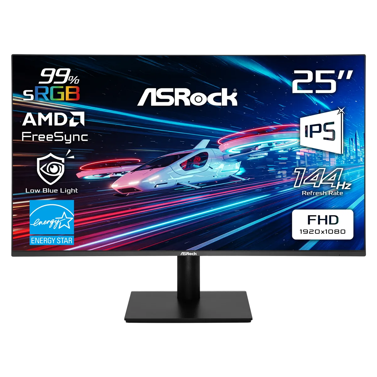 Flat black 24.5 inch IPS gaming monitor with thin bezels and tilt stand