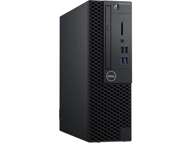 Small black desktop tower with DVD drive and keyboard mouse set