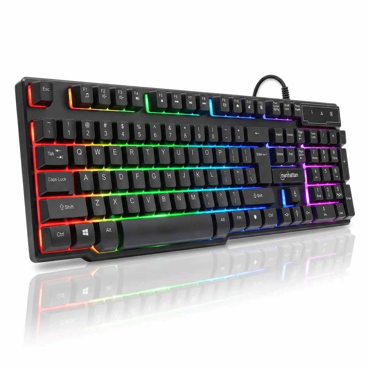 Black full-size plastic keyboard with rainbow RGB backlighting and 12 multimedia keys