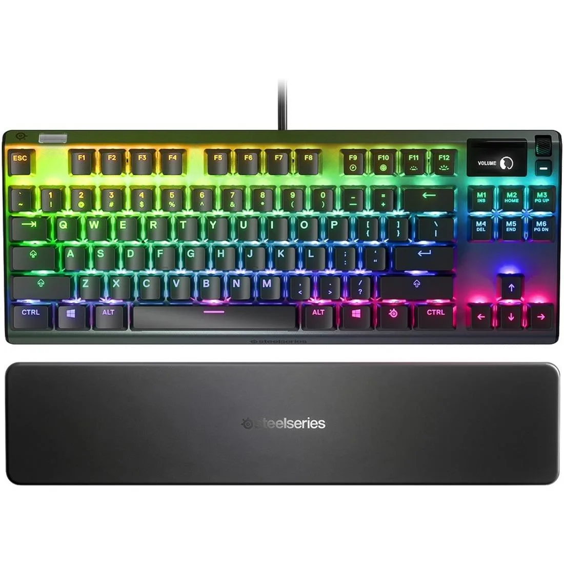 Tenkeyless mechanical keyboard with aluminium frame, RGB lighting, OLED display, magnetic wrist rest and clickable metal roller