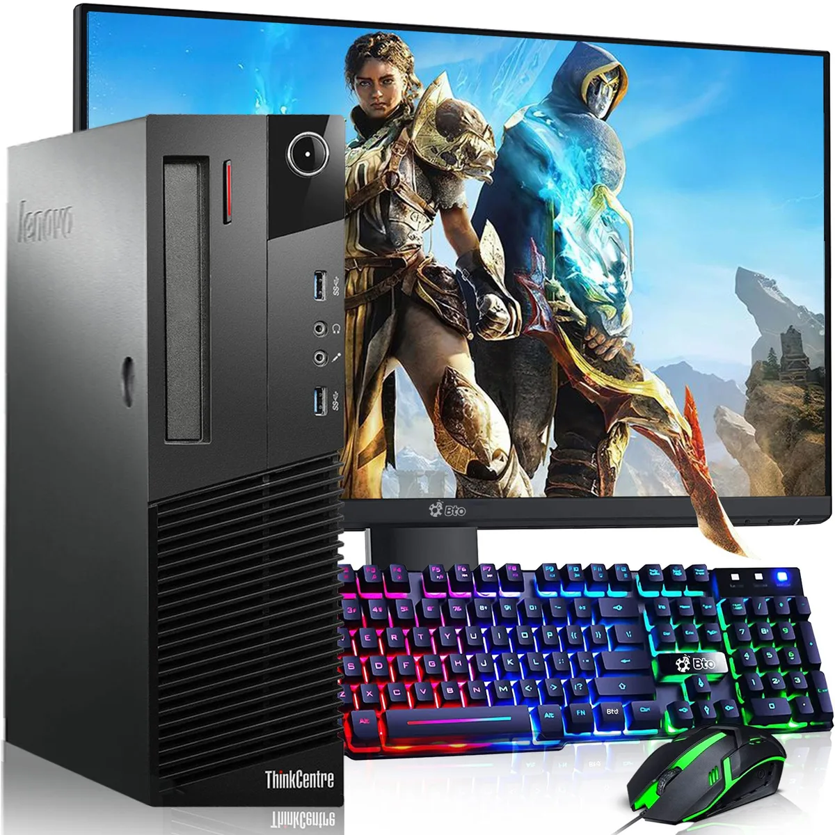 Black Lenovo ThinkCentre small-form-factor desktop tower with 22-inch monitor, wired keyboard and mouse