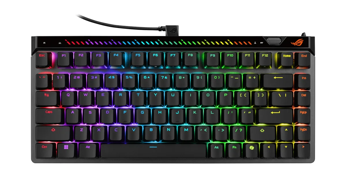 Black 75 percent mechanical keyboard with per-key RGB lighting and carry case