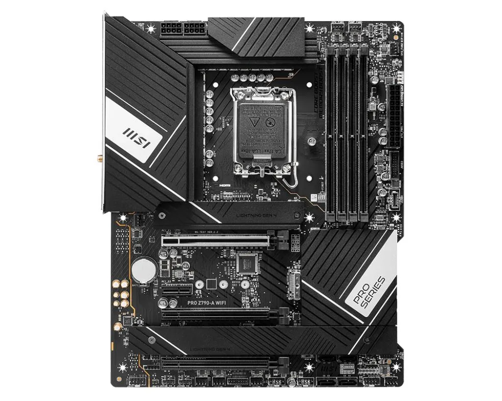 Rectangular ATX motherboard with silver heatsinks and black PCB