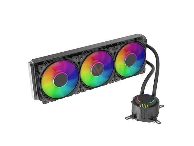 Black rectangular 360 mm radiator with three 120 mm fans and a square CPU block with ARGB lighting