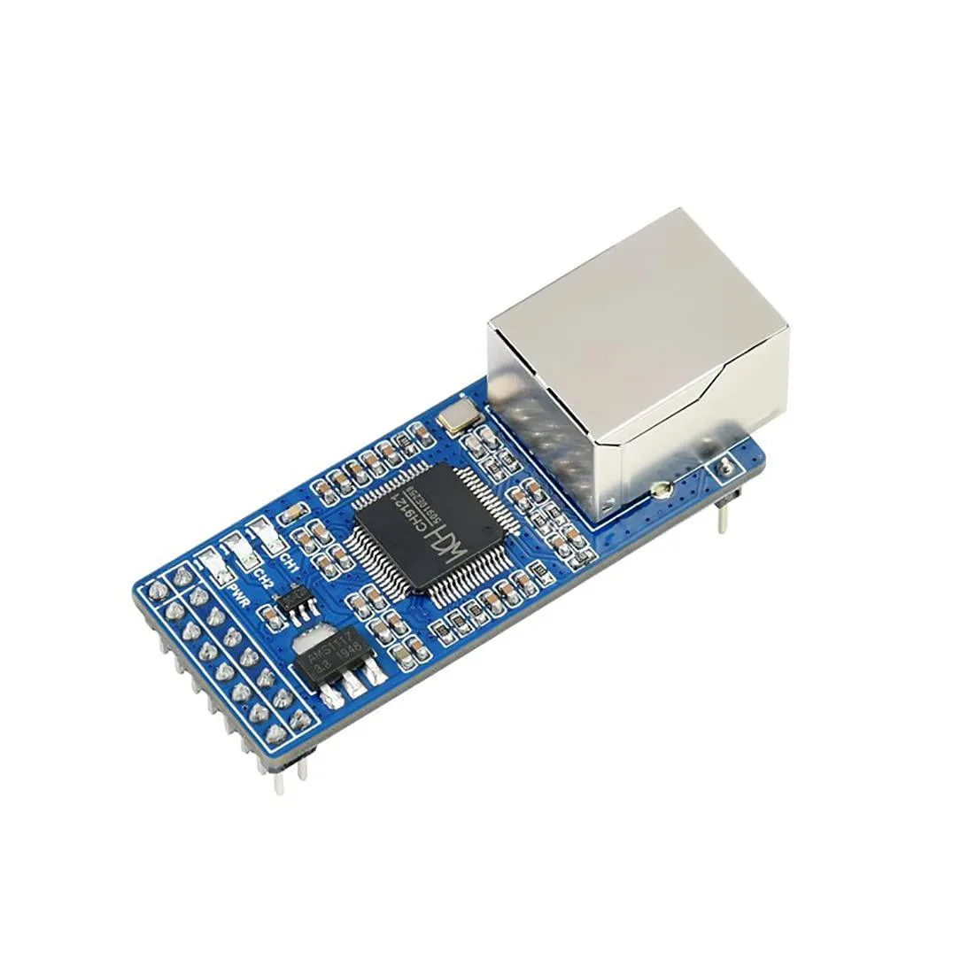 Green development board with dual UART headers and RJ45 port