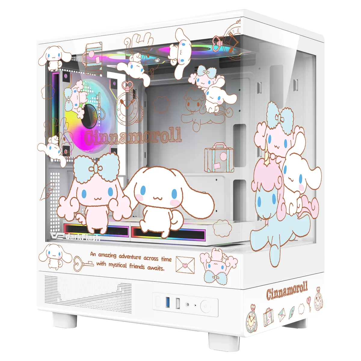 White mini-tower case with Cinnamoroll artwork and 270° frameless glass panels