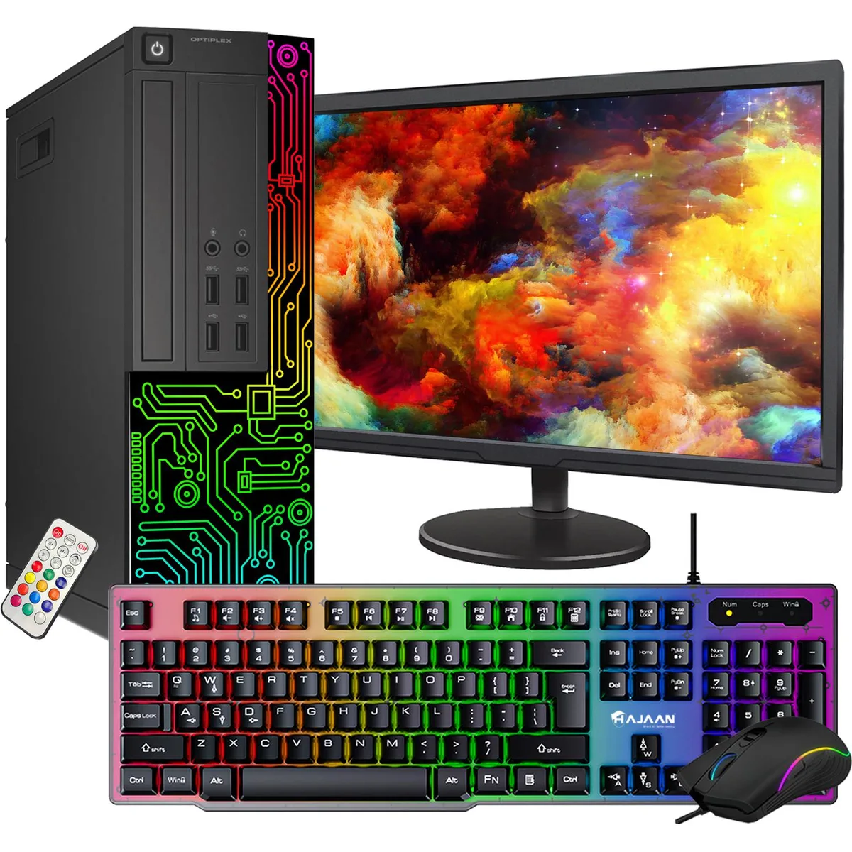 Black Dell OptiPlex 5050 SFF desktop with 22 inch monitor, RGB keyboard and mouse