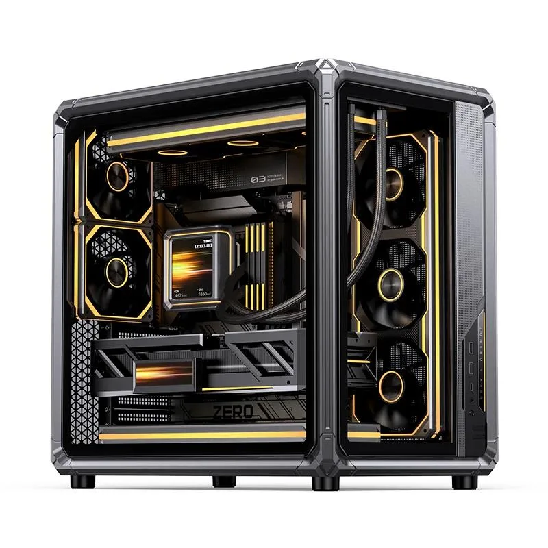 Gray mid-tower ATX case with tempered glass panels and skeletal frame design