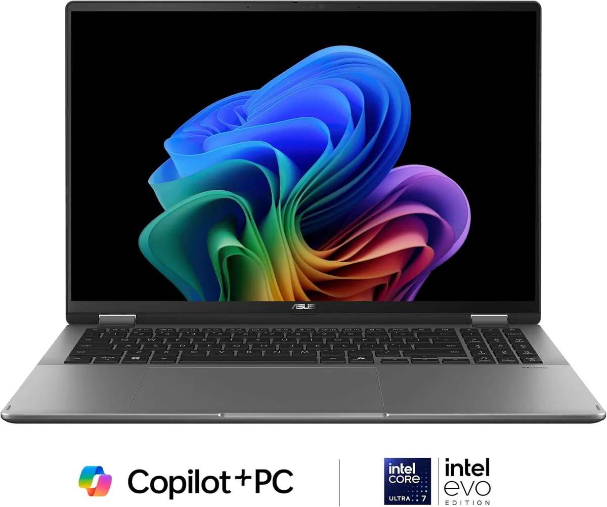 Black 16 inch 2-in-1 laptop with OLED touchscreen and 360 degree hinge