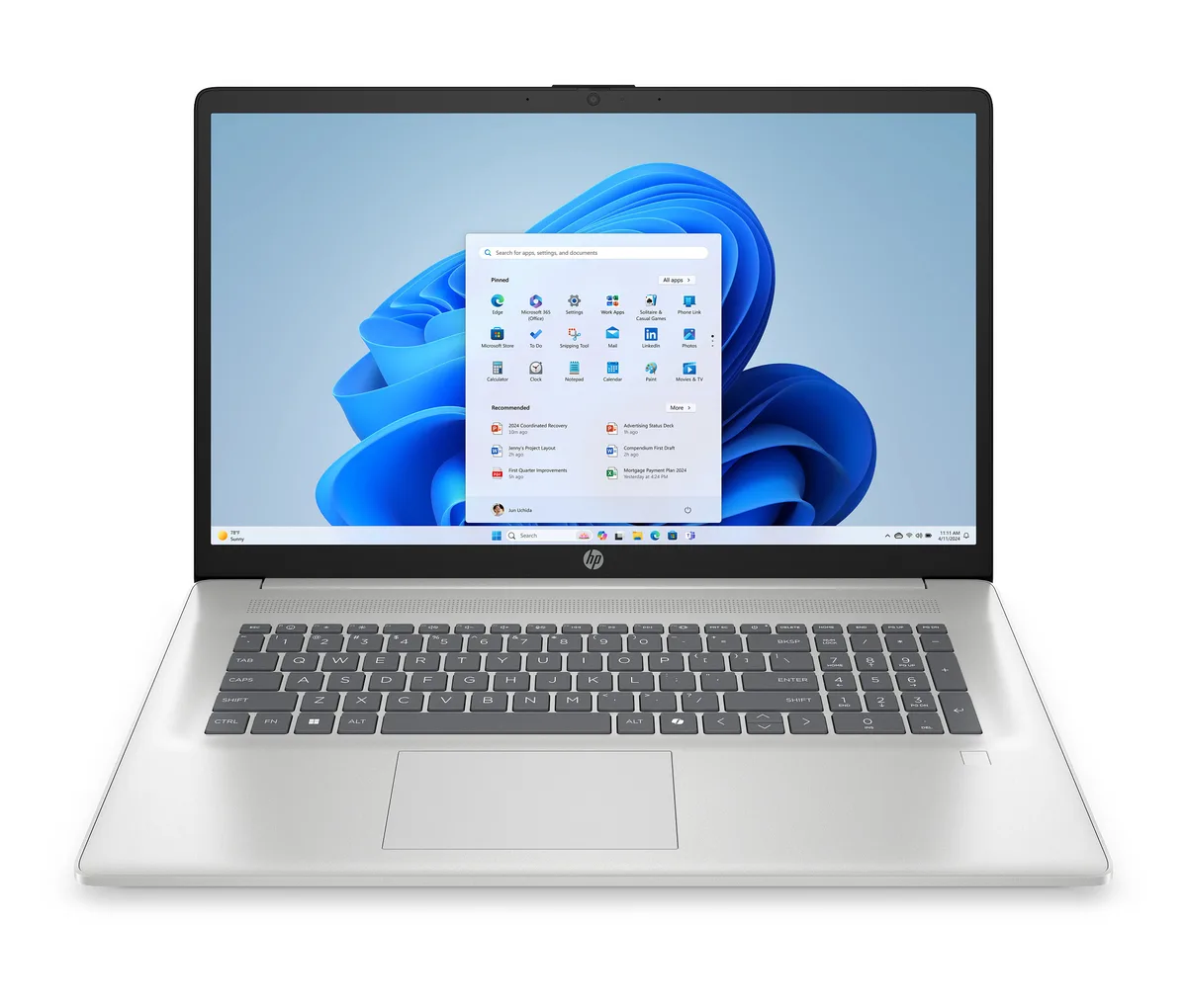 Silver 17.3 inch laptop, thin profile, narrow bezel display