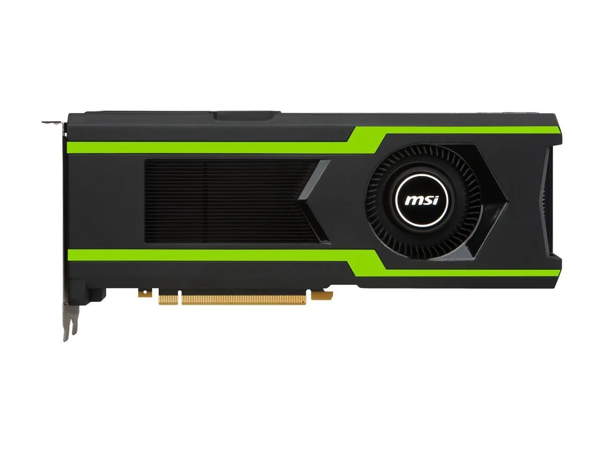 MSI GeForce GTX 1080 Ti AERO 11G OC graphics card, blower-style cooler, matte black finish, single fan, metal backplate, PCI Express