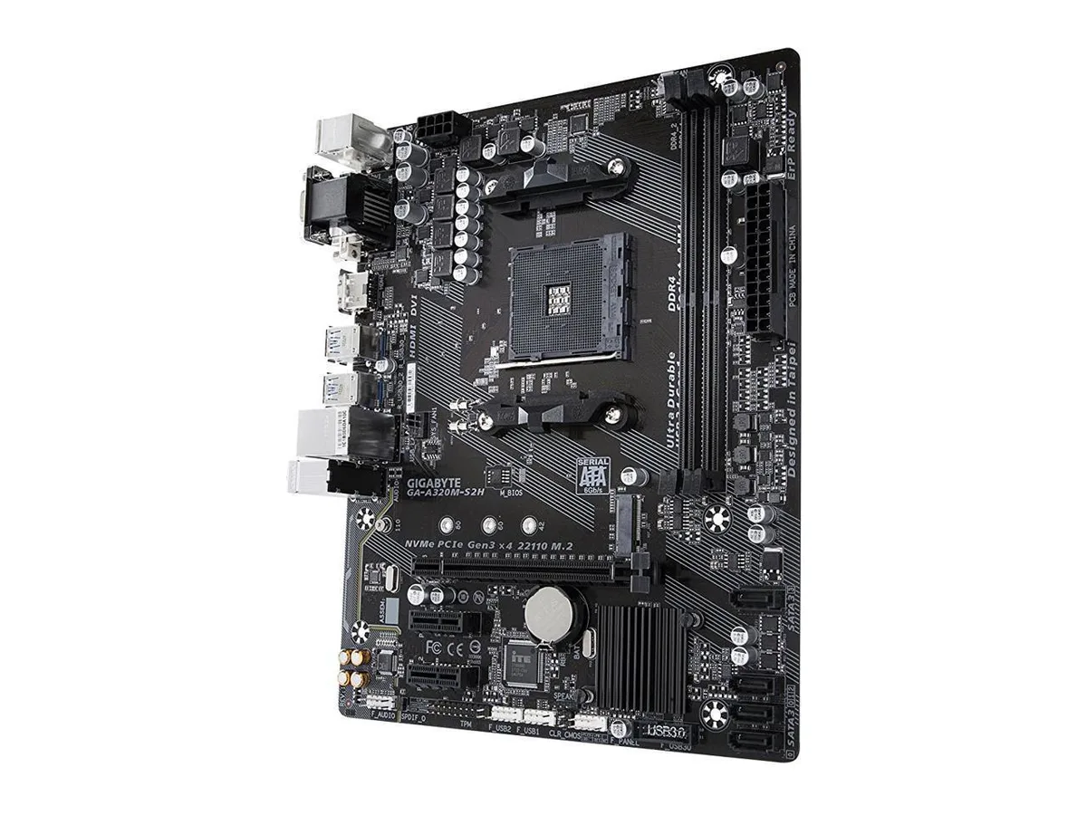 Green micro-ATX board with silver I/O shield, black slots and blue SATA ports