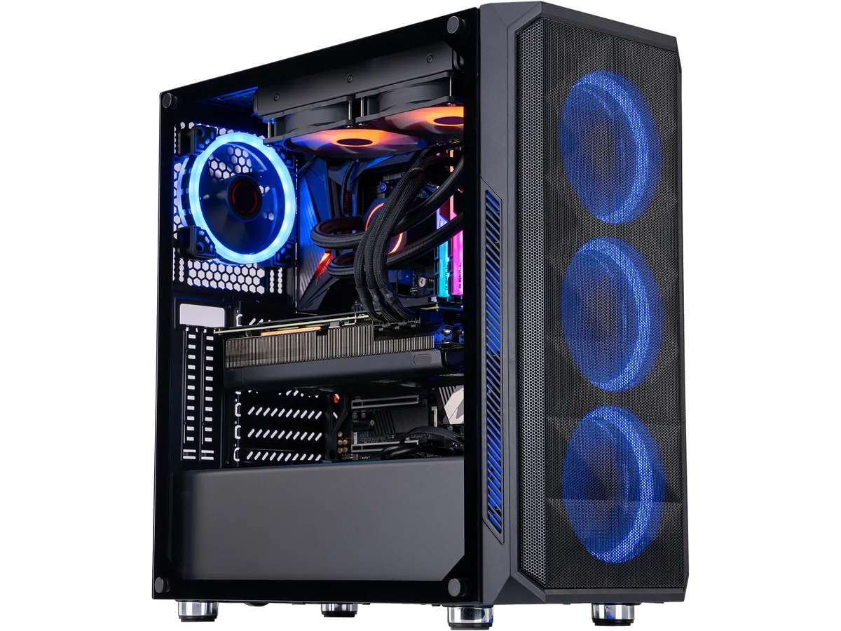 Mid-tower gaming PC in tempered glass case with RGB lighting