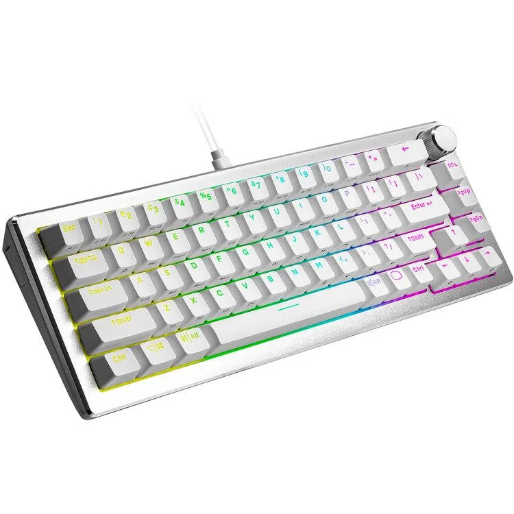 White 65 percent mechanical gaming keyboard with silver accents, wired, hot-swappable switches