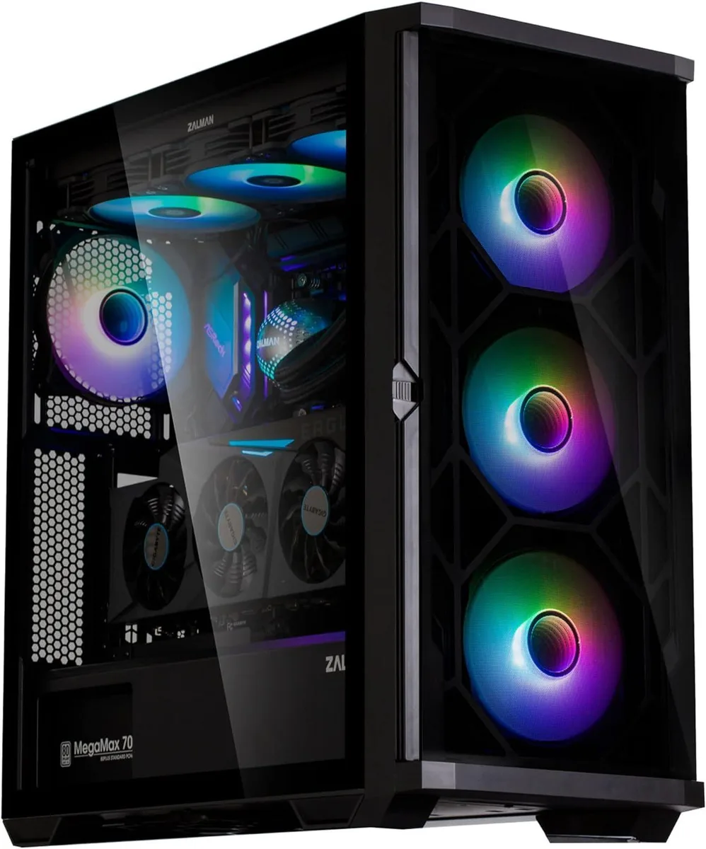 Black mid-tower case with tempered glass side panel and interchangeable mesh front panel