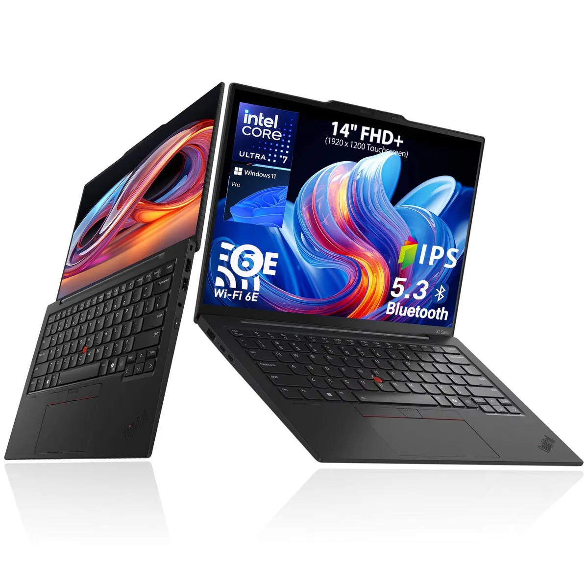Black 14-inch touchscreen laptop with slim profile and backlit keyboard
