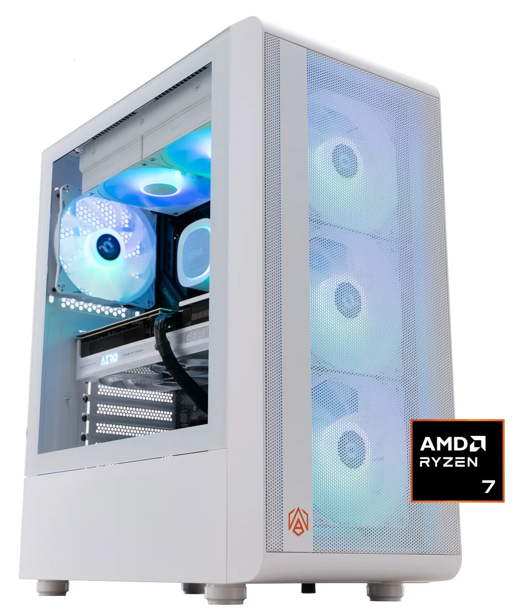 White mid-tower gaming desktop with glass side panel and liquid cooler visible