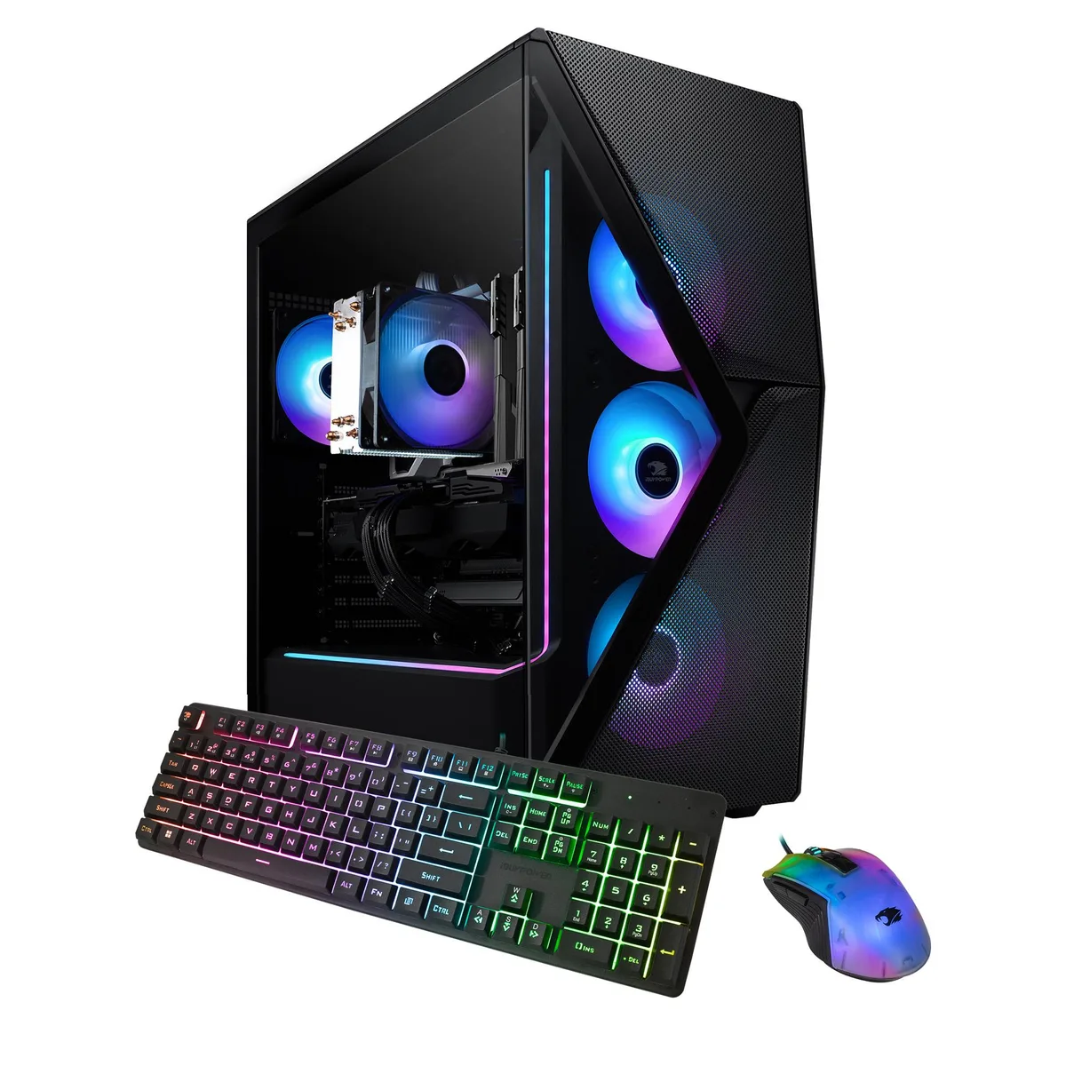 Black mid-tower gaming desktop with front mesh panel and RGB lighting