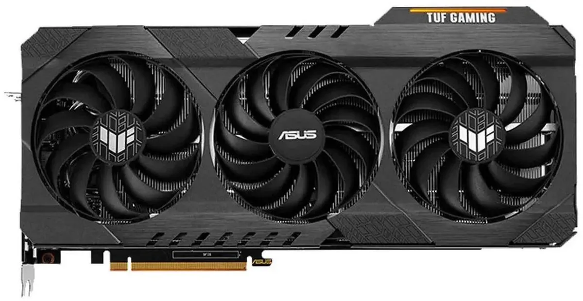 ASUS TUF Gaming Radeon RX 7800 XT graphics card with triple axial fans and metal exoskeleton in dark gunmetal finish