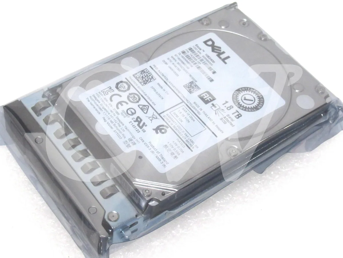 Small silver 2.5 inch Dell SAS hard drive with label showing 1.8TB 10K RPM