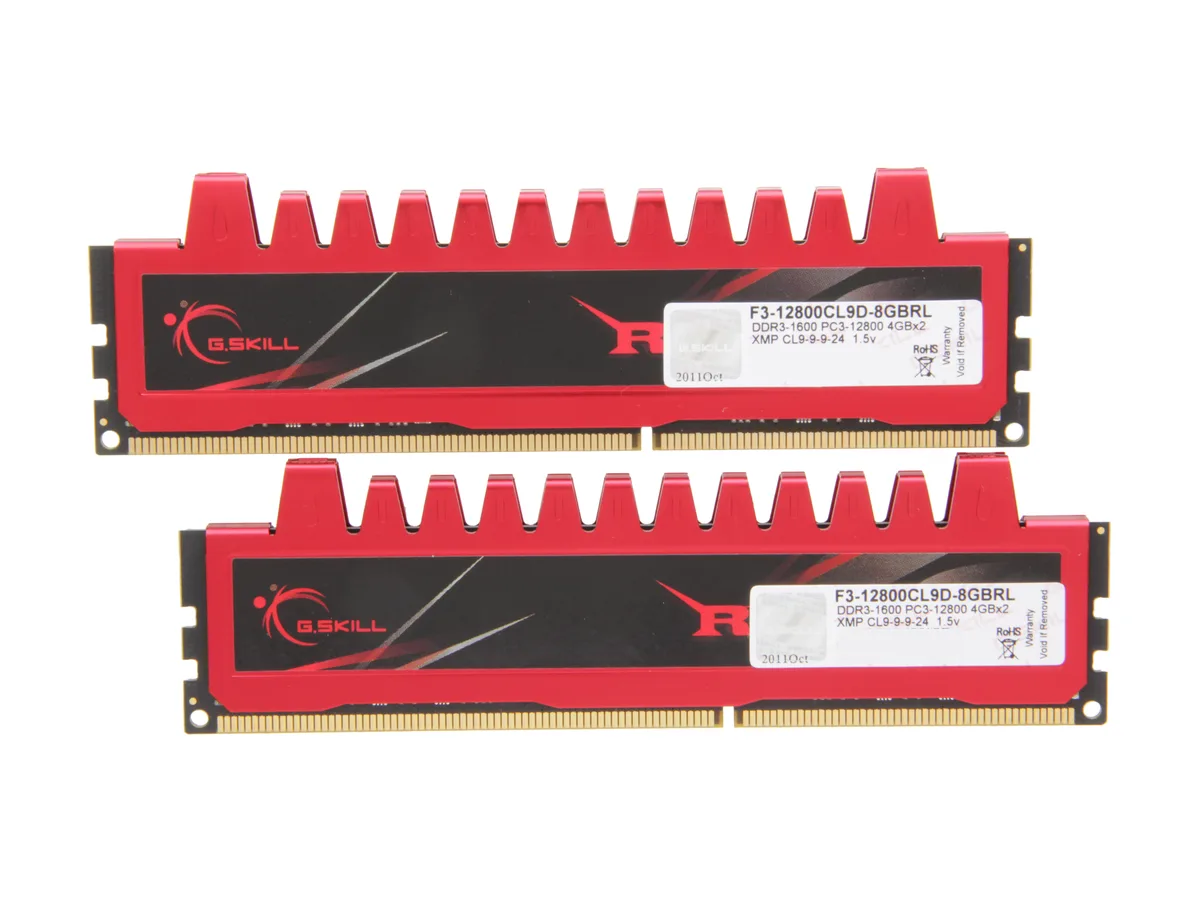 Two red DDR3 DIMMs with comb-style heat spreaders