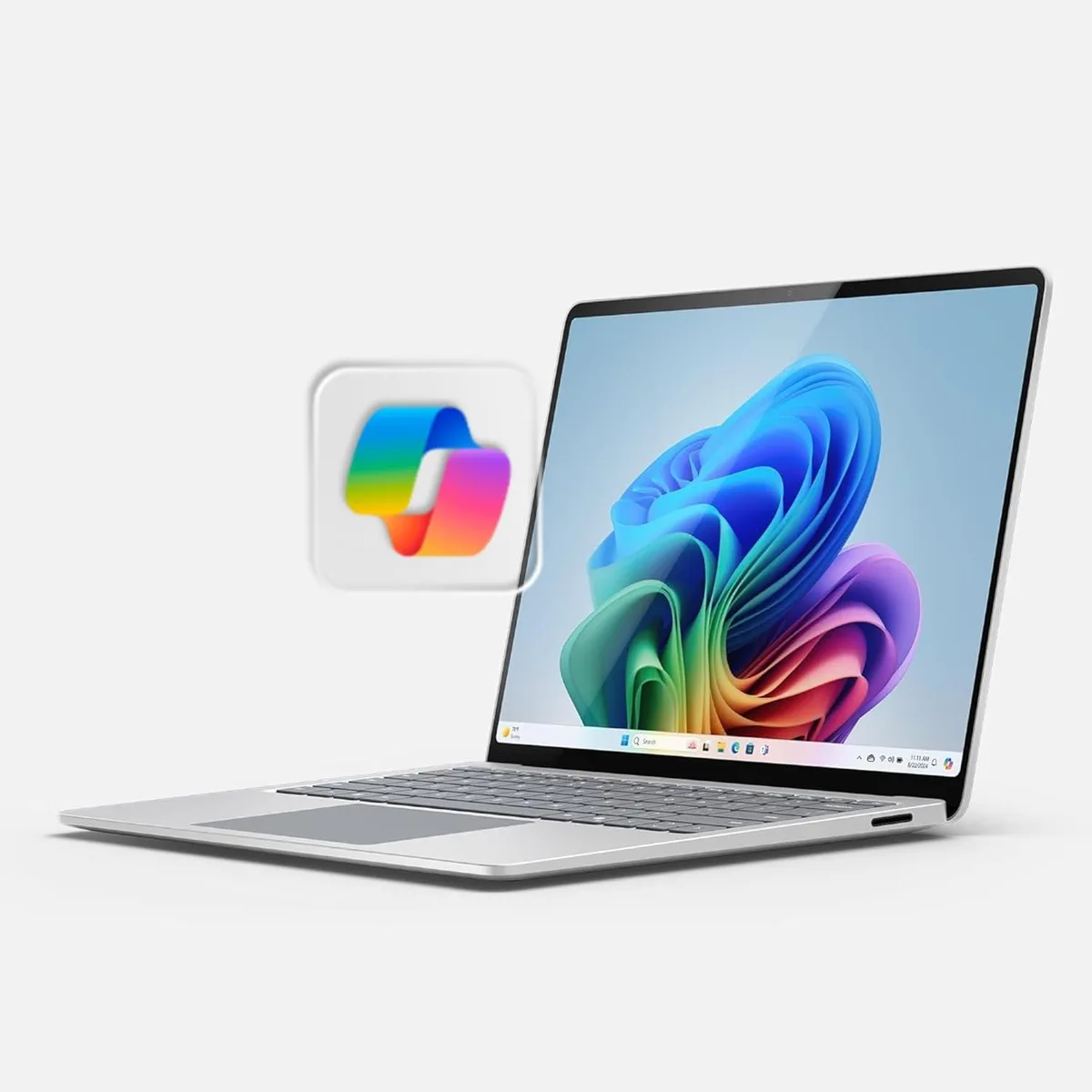 Silver laptop with 13.8 inch touchscreen, thin platinum finish