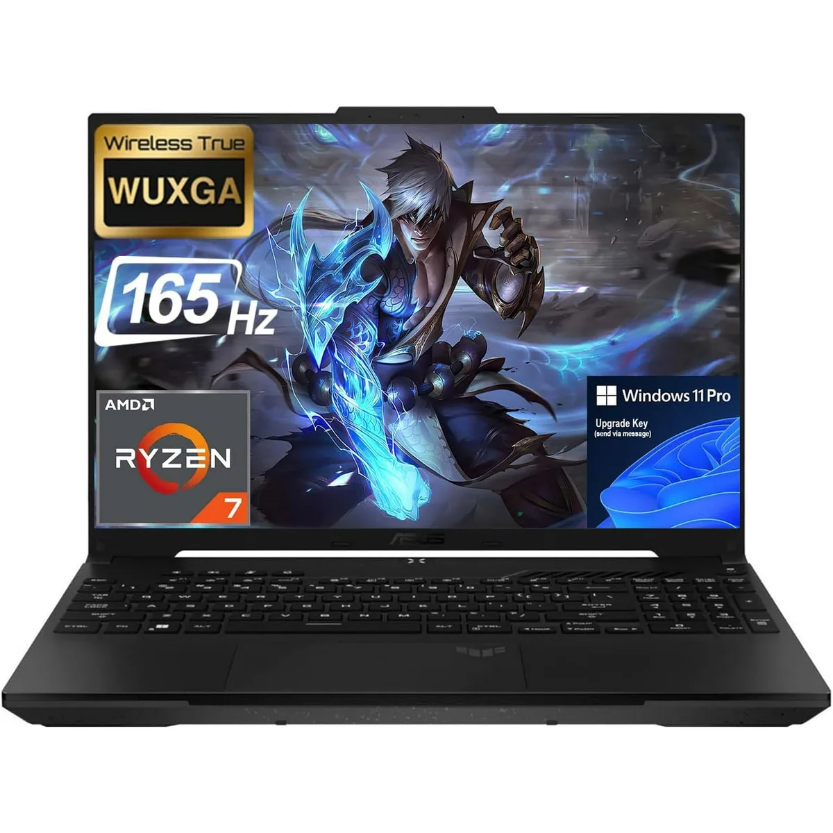 Black 16 inch gaming laptop with matte finish, thin bezels and backlit keyboard